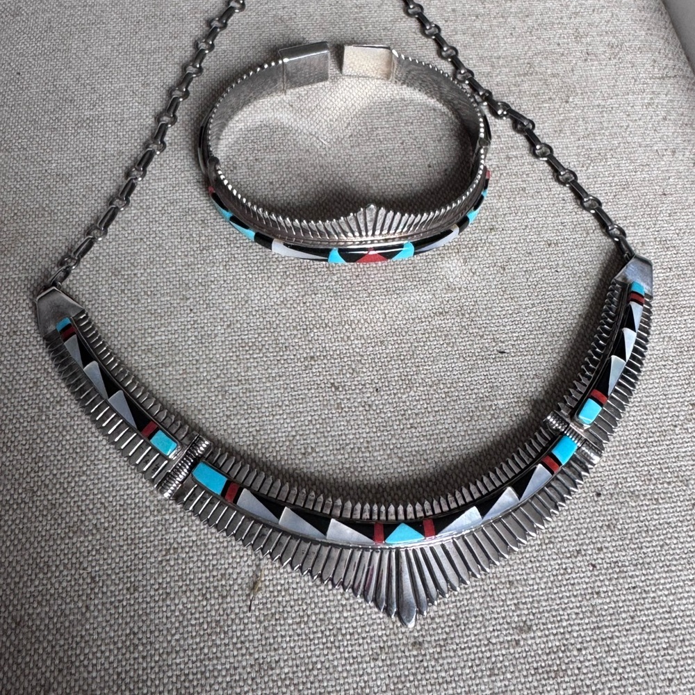 Jay Boyd Signed Cuff and necklace: turquoise Jasper mop inlay